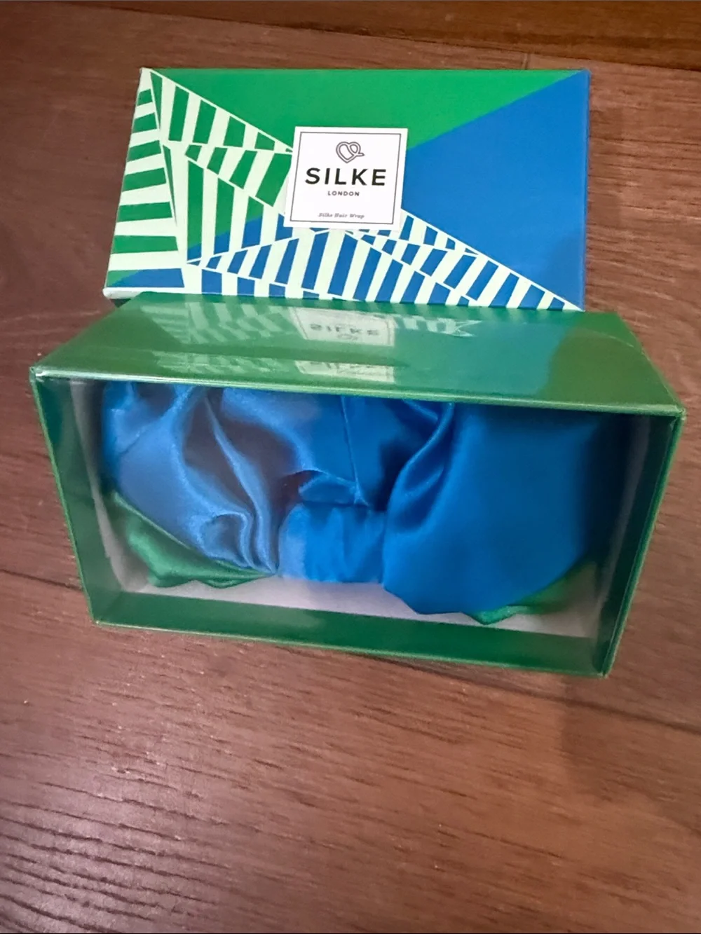 SILKE London Silk Hair Wrap - Green & Blue Patterned Box